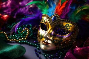 ai gerado uma vívido carnaval fundo preenchidas com animado cores, máscaras, e festivo talento foto