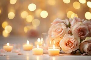 ai gerado uma sonhadores Casamento fundo, rosas, luz de velas, e espaço para duradouro compromissos foto