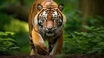 ai gerado uma majestoso Bengala tigre, com Está impressionante laranja e preto casaco foto