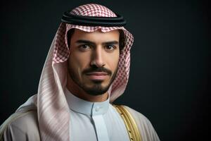 ai gerado retrato do bonito árabe homem, árabe meio Oriental saudita homem dentro tradicional formal Thobe e shemagh, ai gerado foto