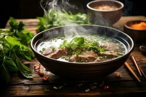 ai gerado ásia comida, carne de porco e carne de porco, a imagem do uma vapor tigela do pho com concurso fatias do carne e perfumado erva, ai gerado foto