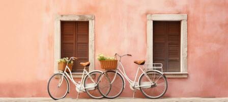 ai gerado velho de madeira bicicletas de a porta do uma Rosa parede foto