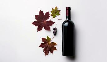 ai gerado vermelho vinho garrafa com outono folhas em uma branco fundo foto