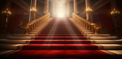 ai gerado vermelho tapete e ouro cordas às uma dourado Escadaria foto