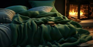 ai gerado a usar do suave cobertores é a maioria importante para uma romântico noite dentro seu cama foto