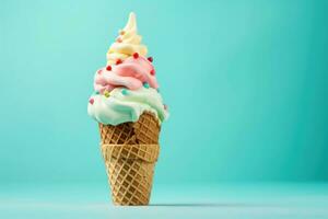 ai gerado uma vibrante multicolorido gelo creme cone com granulados contra uma brilhante azul verde pano de fundo. ideal para Publicidades, menus, ou verão promoções foto