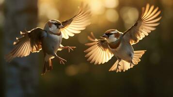 ai gerado dois árvore pardais vôo dentro jardim às pôr do sol foto