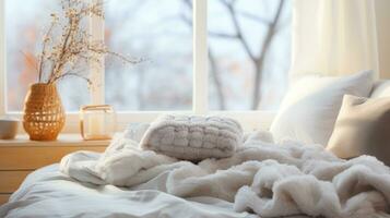 ai gerado uma acolhedor cama com fofo cobertores e almofadas é visível dentro uma caloroso e convidativo quarto foto