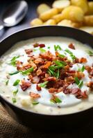 ai gerado uma cremoso e reconfortante batata sopa com bits do crocantes bacon e uma montão do azedo creme em topo foto