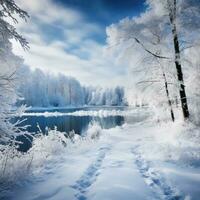 ai gerado uma pitoresco inverno panorama com coberto de neve árvores e uma congeladas lago foto