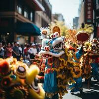 ai gerado uma colorida parada apresentando Dragão dançarinos, leão dançarinos foto