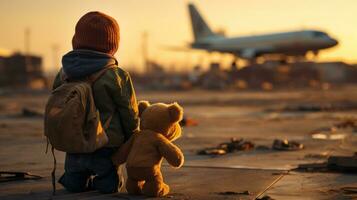 ai gerado pobre Garoto com uma Urso de pelúcia Urso assistindo a avião partir foto