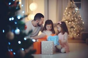 ai gerado feliz família com alegre Natal Magia presente perto árvore às tarde às casa foto