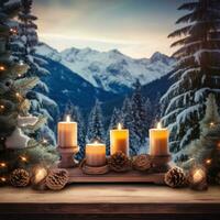 ai gerado uma rústico de madeira mesa com Natal decorações e velas foto