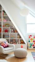 ai gerado crianças quarto com uma colorida tapete, estante de livros com colorida armazenamento caixas, uma cadeira e uma chão lâmpada. foto