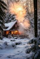 ai gerado uma coberto de neve cabine aninhado dentro a madeiras com fumaça ondulante a partir de a chaminé foto