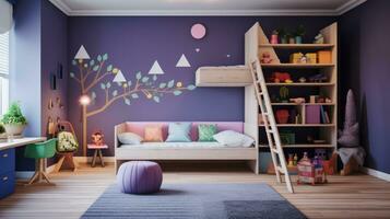 ai gerado crianças quarto com uma roxa sotaque parede, uma de madeira beliche cama com uma escada foto