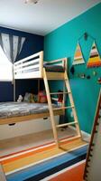 ai gerado uma Diversão crianças quarto com uma azul sotaque parede, uma de madeira loft cama com uma escada foto