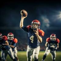 ai gerado uma futebol quarterback jogando uma passar, com a bola dentro meio do ar e a receptores foto