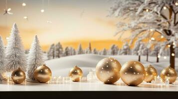 ai gerado uma deslumbrante ouro e branco Natal cena com cintilante bolas e uma coberto de neve fundo foto