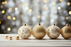 ai gerado uma deslumbrante ouro e branco Natal cena com cintilante bolas e uma coberto de neve fundo foto