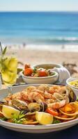 ai gerado prato do delicioso frutos do mar aperitivos servido em uma de praia mesa com uma pitoresco Visão do a mar foto