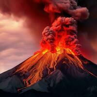 ai gerado uma vulcão em erupção dentro uma fogosa exibição do fundido lava e cinza foto