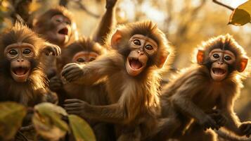ai gerado macacos oscilante a partir de árvore para árvore, seus peludo corpos e grandes caudas criando uma animado cena foto