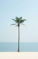 ai gerado uma Palma árvore senta dentro a areia, Próximo para uma praia, foto