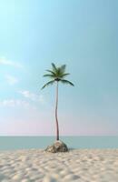 ai gerado uma Palma árvore em topo do uma seixo de praia dentro uma ampla mar com uma nublado céu foto