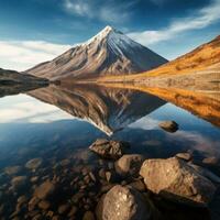 ai gerado captura a sereno beleza do uma vulcânico montanha refletido dentro uma calma, claro como cristal lago foto