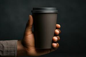ai gerado uma mão segurando uma copo do café brincar em uma cinzento fundo foto