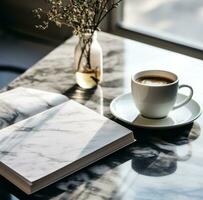 ai gerado café e uma livro em uma branco mesa foto