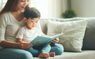 ai gerado mãe e filha ler uma livro em a sofá mãe conta uma história para dela criança ensino crianças para ler família calor foto