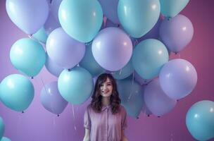 ai gerado uma menina é segurando muitos colorida balões em uma roxa fundo foto