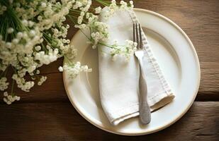 ai gerado uma placa, guardanapo e talheres em a mesa com pequeno flores foto