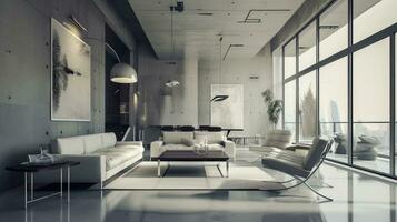 ai gerado moderno interior Projeto pano de fundo com minimalista decoração, lustroso mobília foto