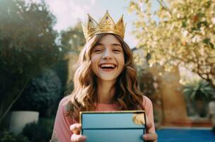 ai gerado menina com coroa segurando ouro caixa festa foto