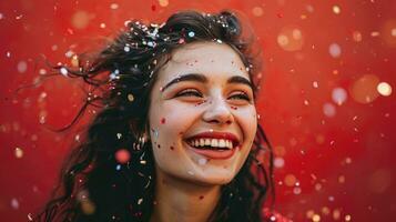 ai gerado atraente jovem mulher sorridente com confete dentro dela cabelo contra vermelho fundo foto