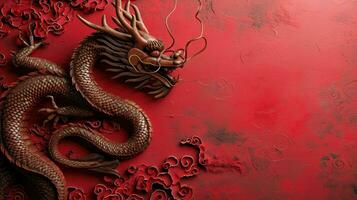 ai gerado chinês Dragão com redemoinhos em vermelho fundo, vermelho e ouro foto