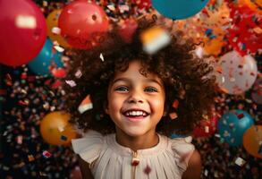 ai gerado pequeno menina segurando confete circo palhaço sorridente dentro branco balões foto