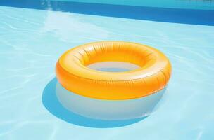 ai gerado a inflável amarelo anel é flutuando dentro a piscina foto