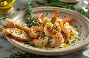 ai gerado camarão scampi prato com pão Gravetos e fresco ervas foto