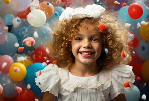 ai gerado pequeno menina segurando confete circo palhaço sorridente dentro branco balões foto