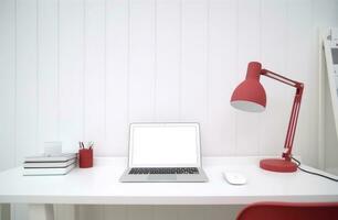 ai gerado profissional escritório escrivaninha com computador, branco parede, vermelho luminária e luminária escritório foto