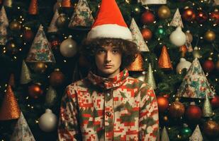 ai gerado homem dentro santa chapéu com uma Natal árvore foto