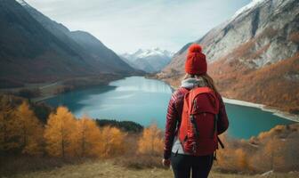 ai gerado mulher dentro mochila dentro a lago, tendo mãos espalhar aberto e mostrando dela braços foto