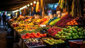 ai gerado vibrante mercado baias adornado com exótico frutas, têxteis e trabalhos manuais. uma festa do cores e texturas. foto
