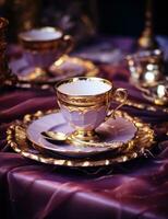 ai gerado ouro chá conjunto inclui prata copos e artigos de vidro foto