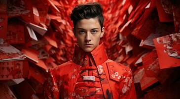 ai gerado uma chinês homem vestindo uma vermelho ásia equipamento com mão segurando vermelho papel quadrados foto